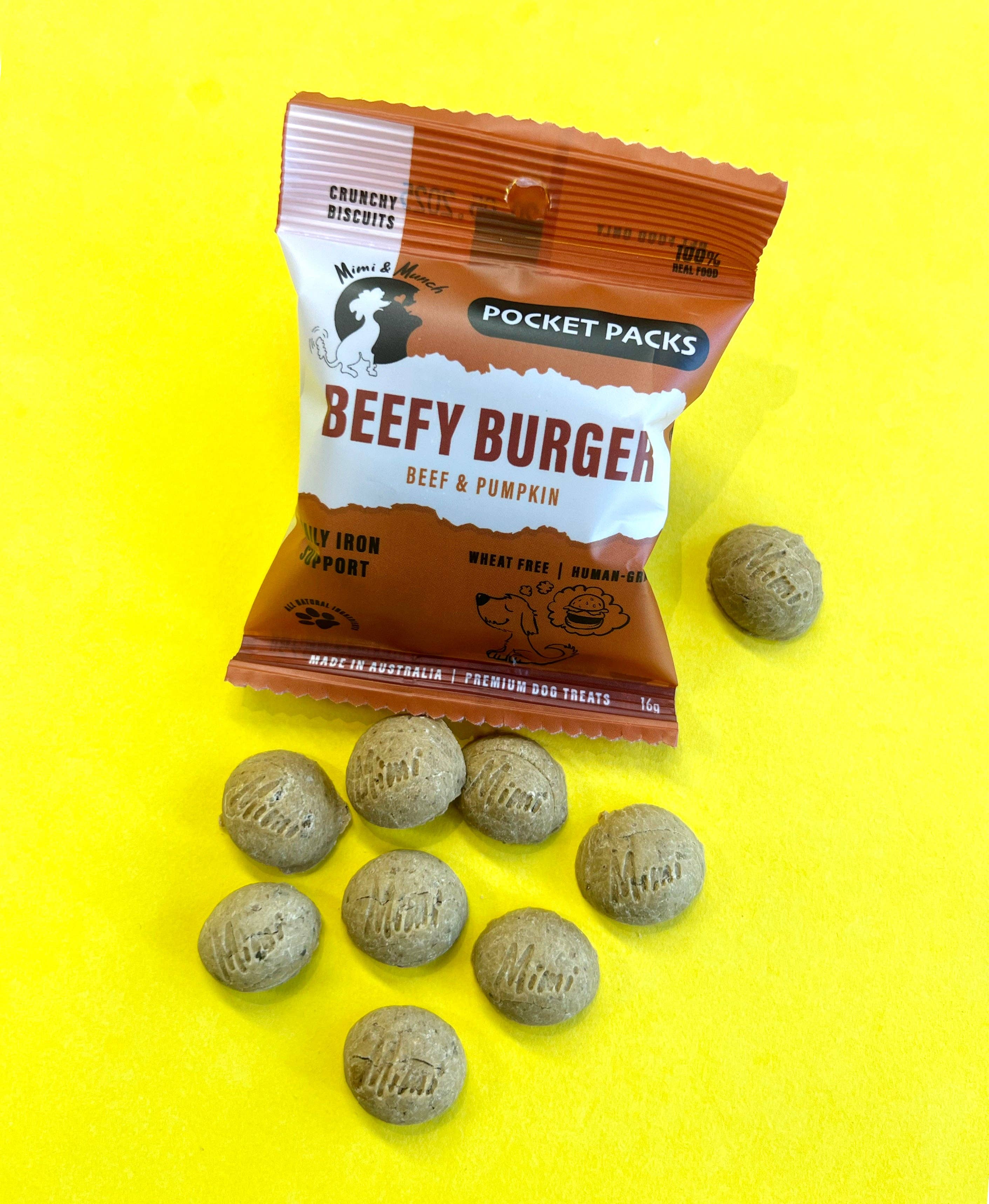 Mimi & Munch Beefy Burger Natural Dog Treats - Pocket Packs